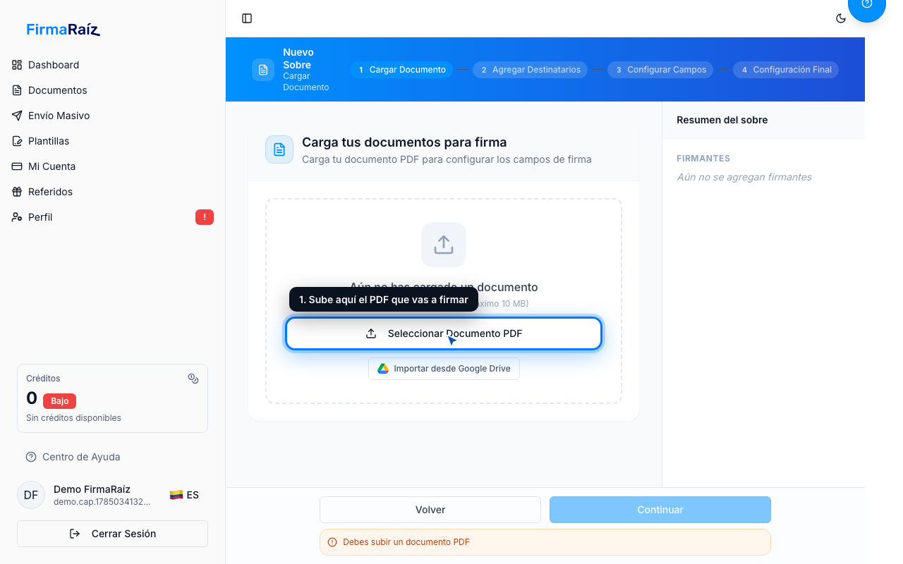 Cómo crear y enviar un sobre para firmar — paso