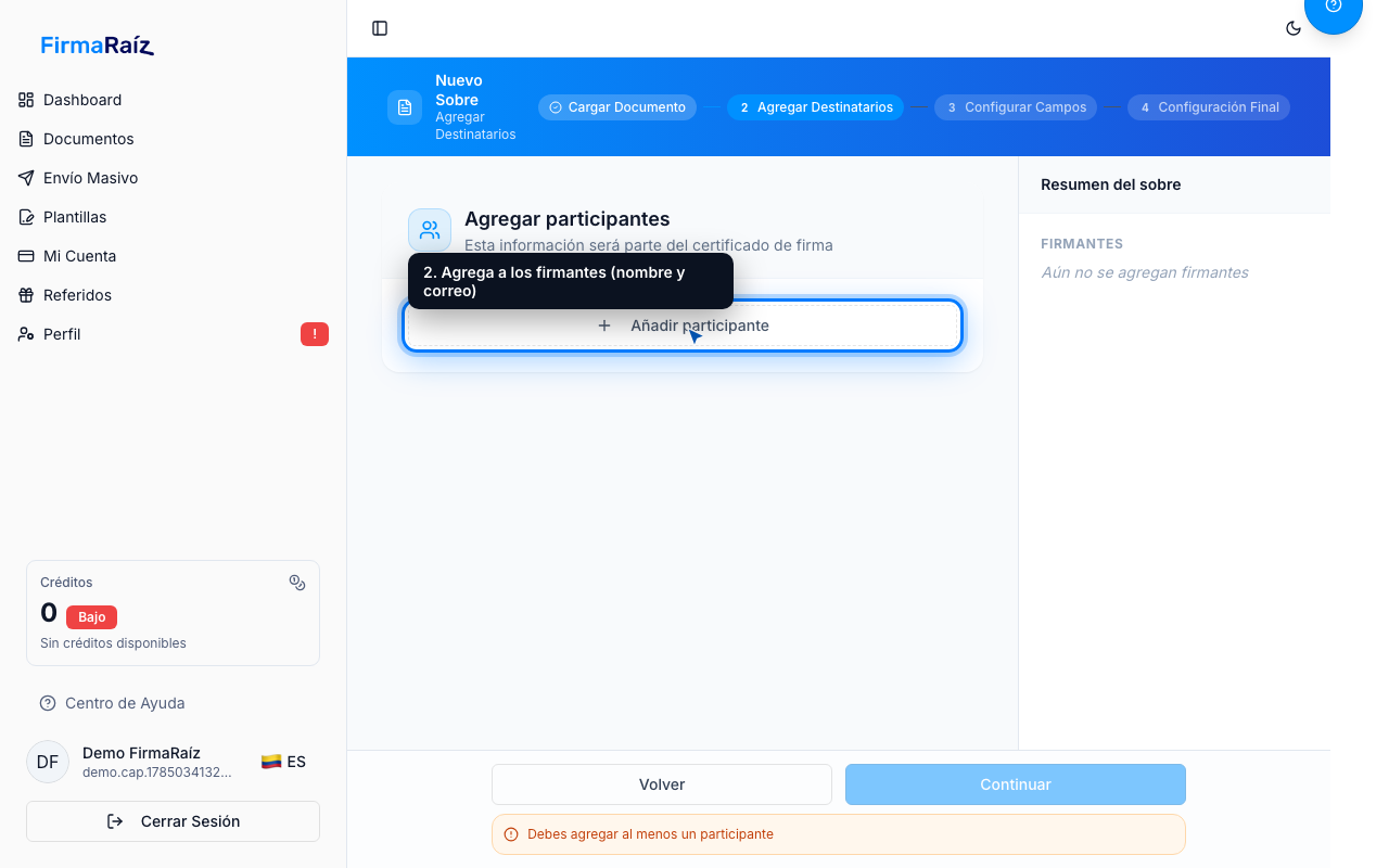 Cómo crear y enviar un sobre para firmar — paso
