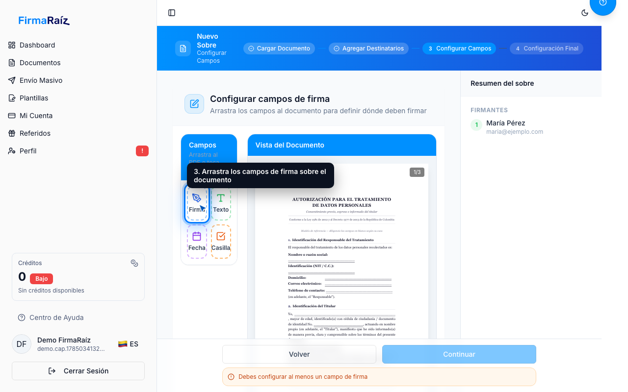 Cómo crear y enviar un sobre para firmar — paso